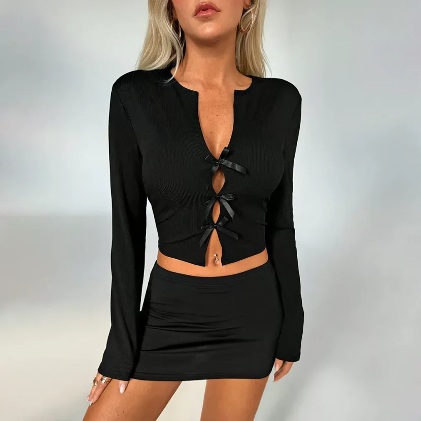 Womens Cropped Tie Front Long Sleeve T Shirt Slim Fit Sweet and Spicy Style Spring Summer Wear W