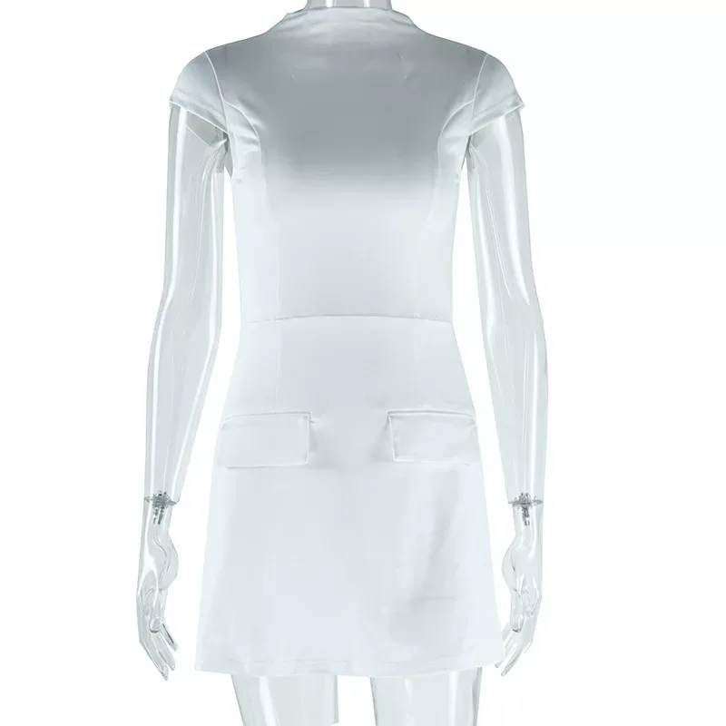Casual Sleeveless Dress Solid Color Round Neck Waist Defined Pocket Detail Elegant for Summer Ev