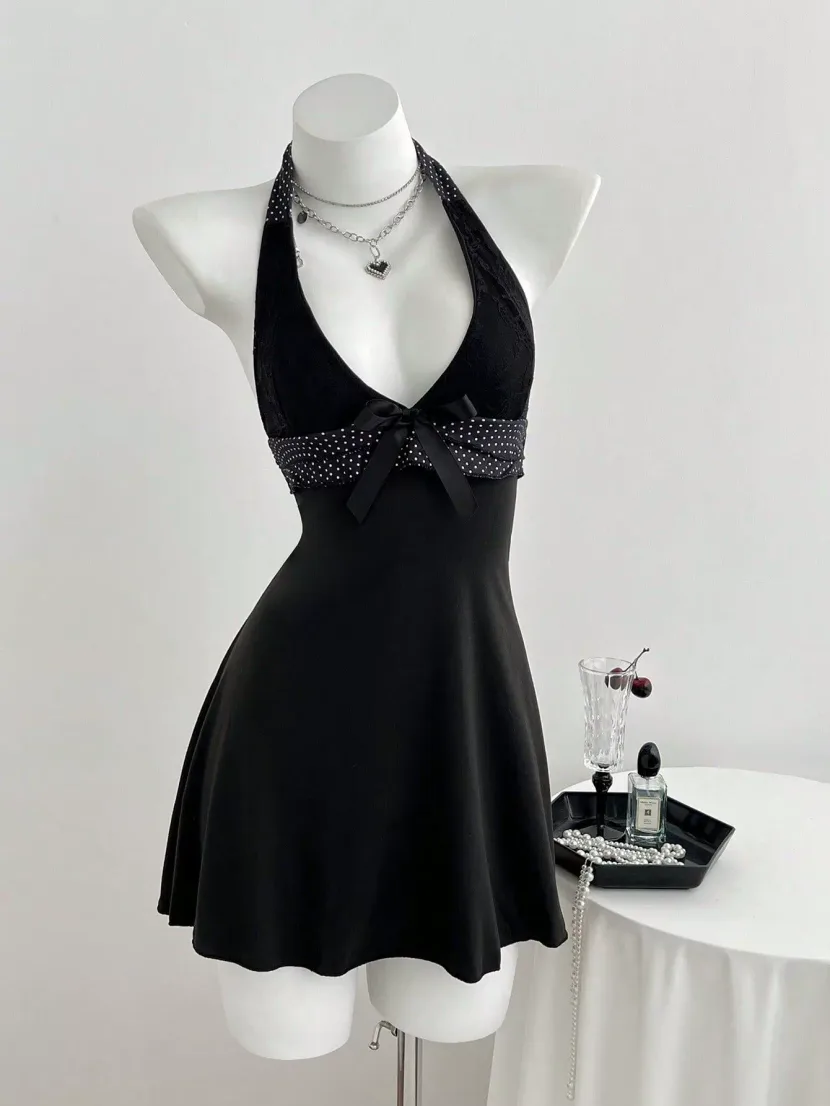 V Neck Halter Mini Dress Ruffled Hem Bow Tie Slim Fit Elegant Evening Wear Ready to Ship private