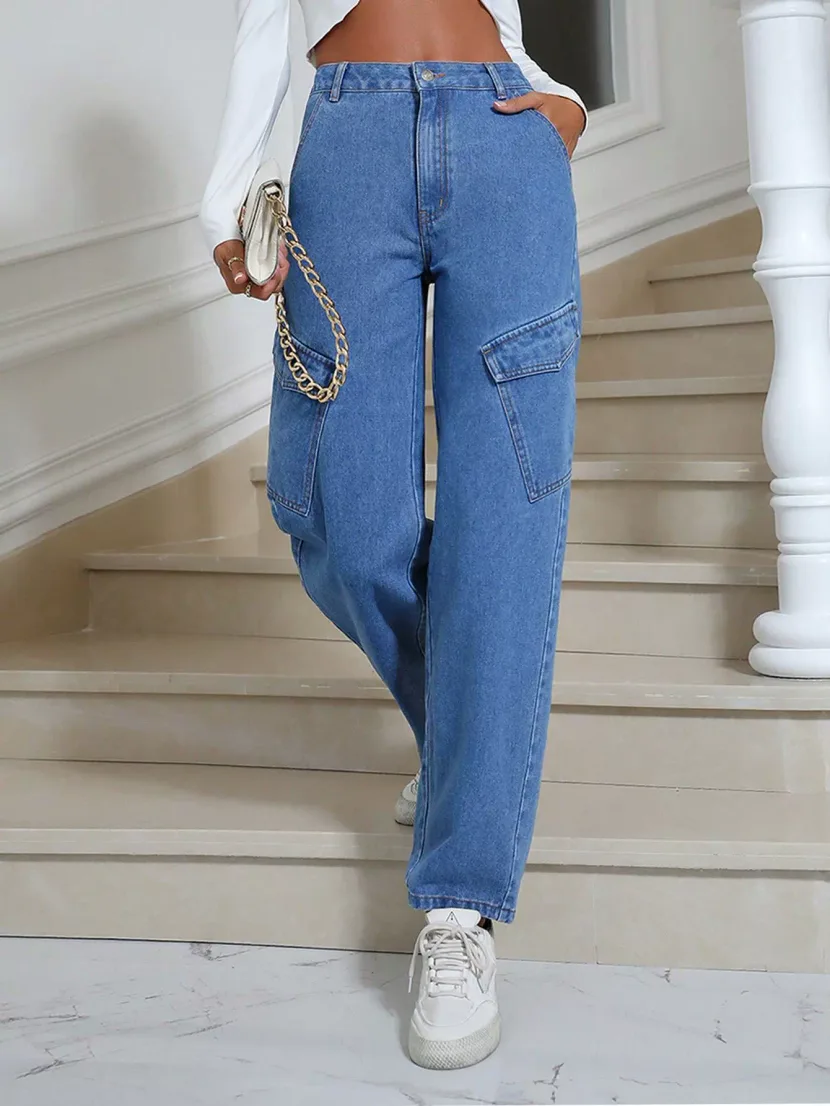 Womens Straight Leg Denim Jeans Trendy Street Style Pocket Design Casual Wear Wholesale Availabl
