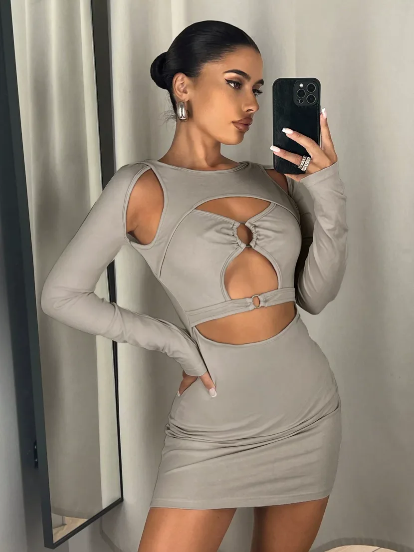 Bodycon Dress Hollow Out Front Ring Detail Milk Silk Fabric Sexy Style for Parties and Night Out
