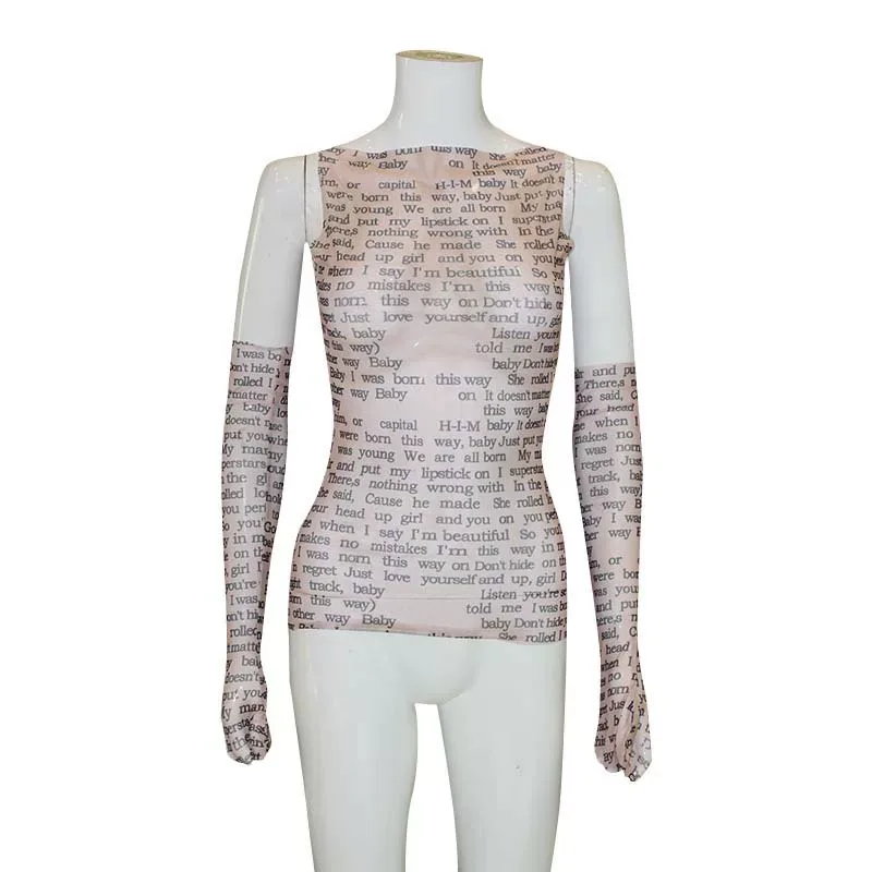 Fashionable Sleeveless T Shirt Round Neck Mesh Fabric Letter Print Casual Wear for Trendy Women