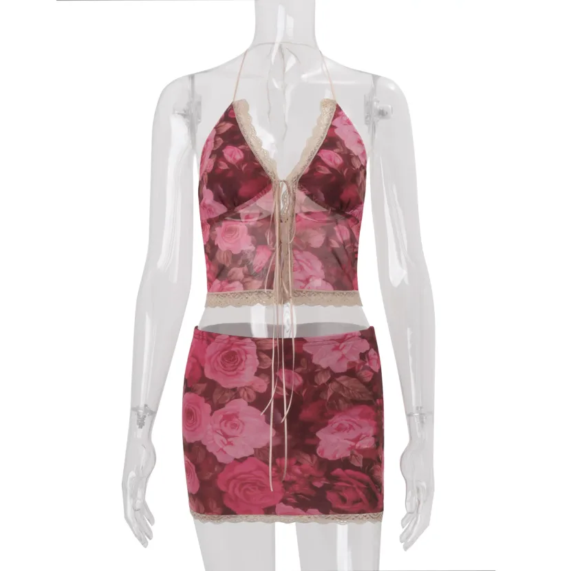 Spring Womens Fashion Set Stylish Floral Print Lace Trim Halter Neck Top Bodycon Skirt Perfect f