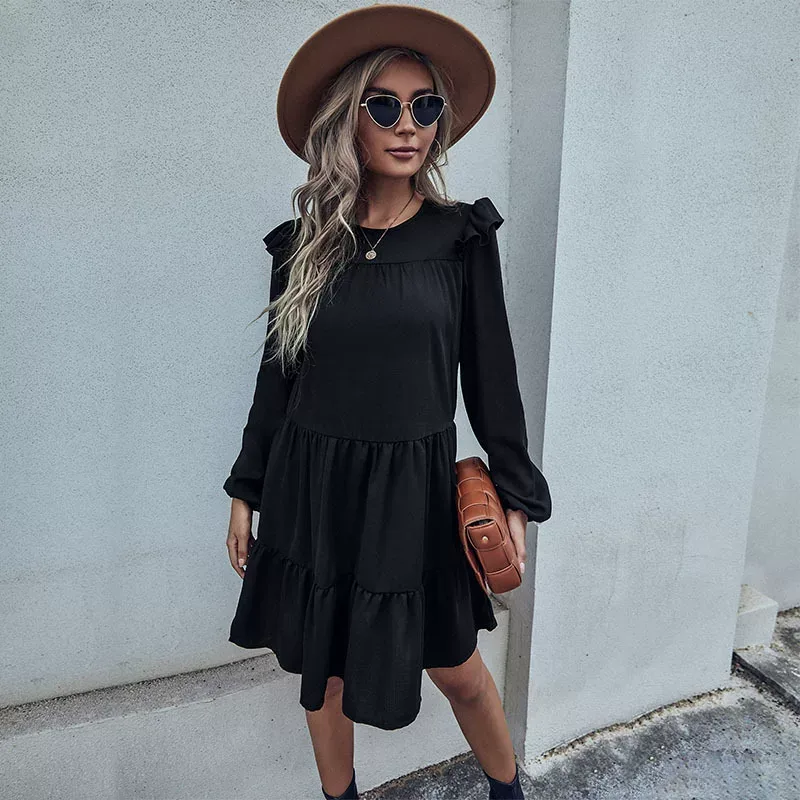 Loose Black Long Sleeve Dress Vintage Hepburn Style Fashionable Womens Apparel for Casual Occasi