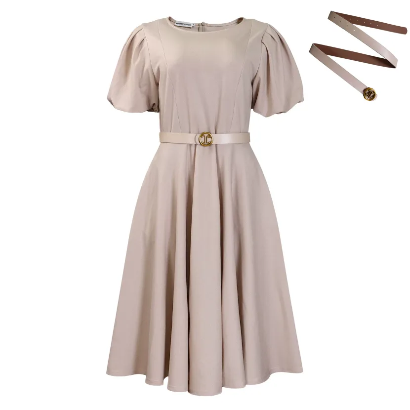 Elegant A Line Dress with Puff Sleeves Round Neck Waist Defined Flowy Skirt Perfect for Parties