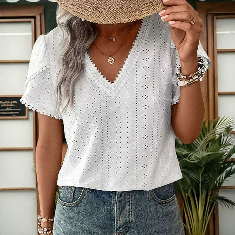 Casual Lace Trim V Neck Blouse Elegant Hollow Out Design Stylish Everyday Wear Wholesale Availab