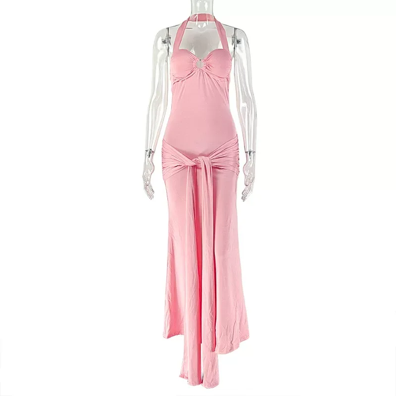Solid Color Womens Bodycon Midi Dress Backless Halter Neck Ruched Design Elegant Evening Wear OE