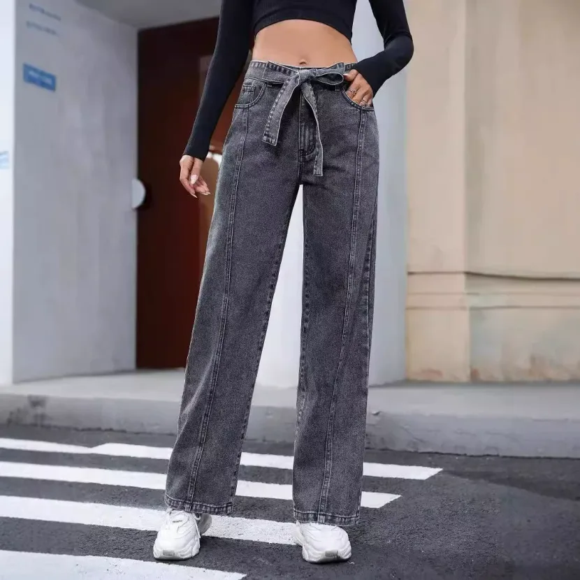 Womens Casual High Waisted Irregular Denim Pants Slim Fit Tie Detail Gray factory direct