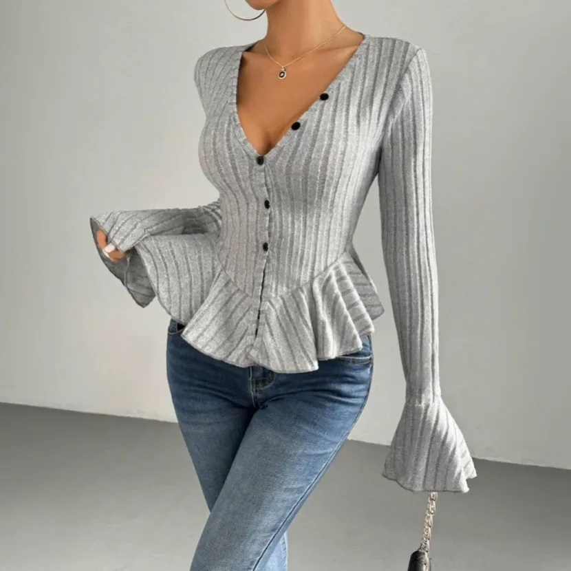 Elegant Womens T Shirt V Neck Ruffle Hem Slim Fit Spring Summer Fashion Wholesale Available