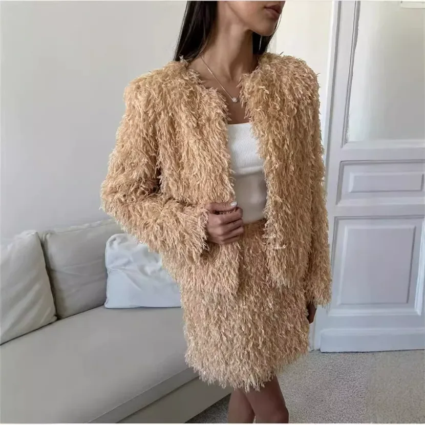 Fringe Two Piece Set Elegant Outerwear and Skirt European and Korean Style Perfect for Fall and