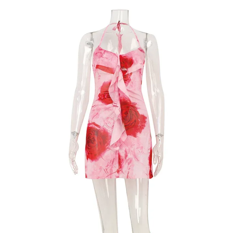 Summer Beach Vacation Womens Dress High Waist A Line Ruffled Hem Floral Print Sheer Fabric Perfe