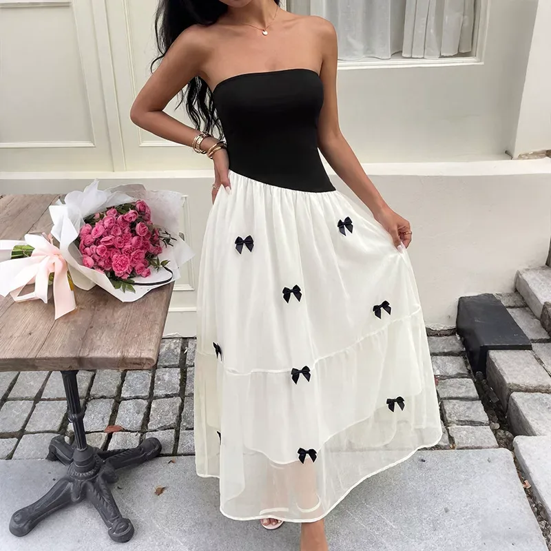 French Style Black and White Color Block Strapless Dress with Bow Detail Sweet and Chic Design f