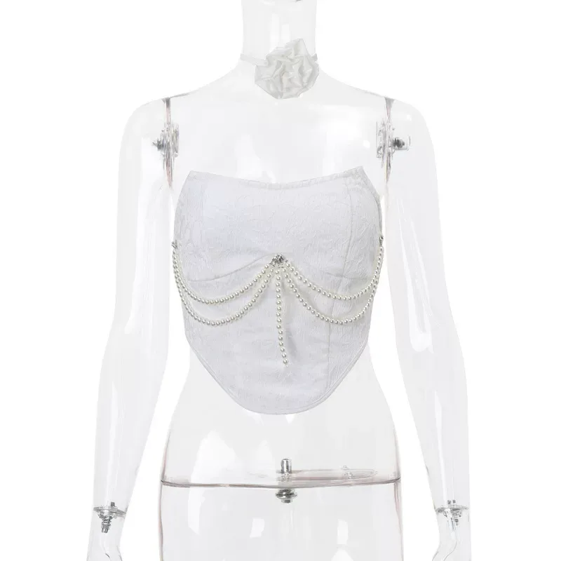 Summer Womens Pearl Chain Bustier Top and Fringe Mini Skirt Set European Style Chic Design Trend