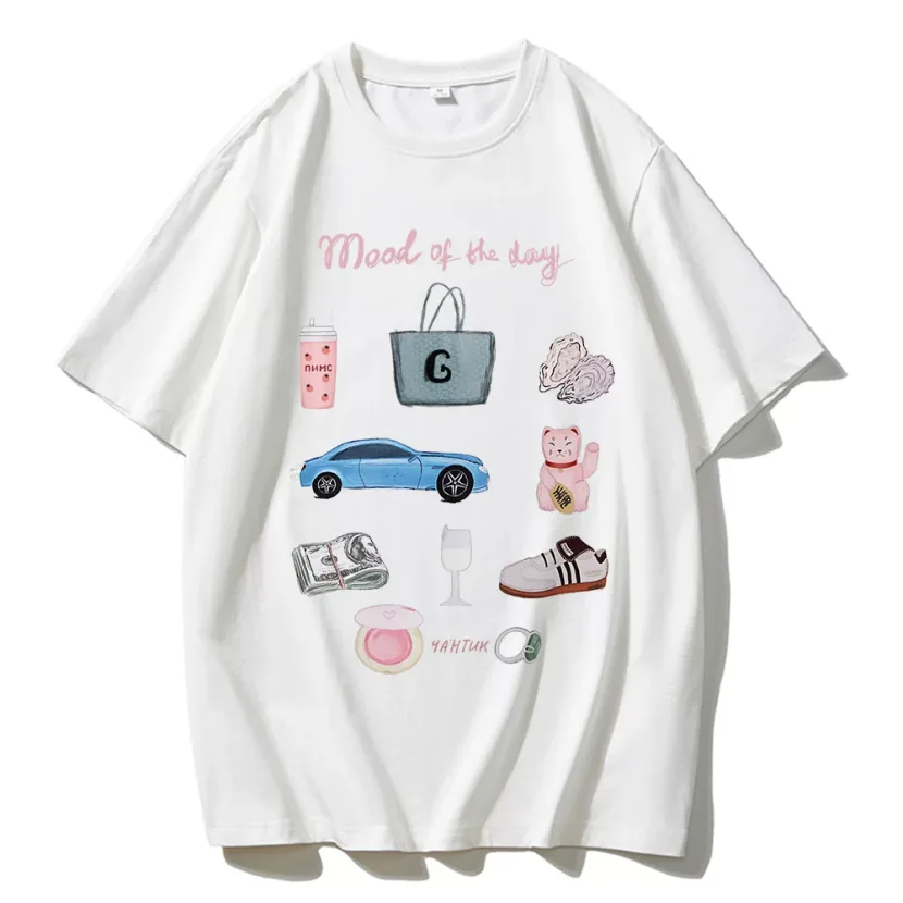 Womens Summer Loose Fit Cotton T Shirt Hand Painted Floral Print Casual Round Neck Short Sleeve