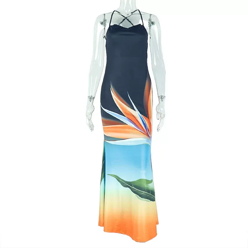 Elegant Abstract Print Maxi Dress Sexy Backless Mid Waist Bodycon Fit Perfect for Parties and Sp