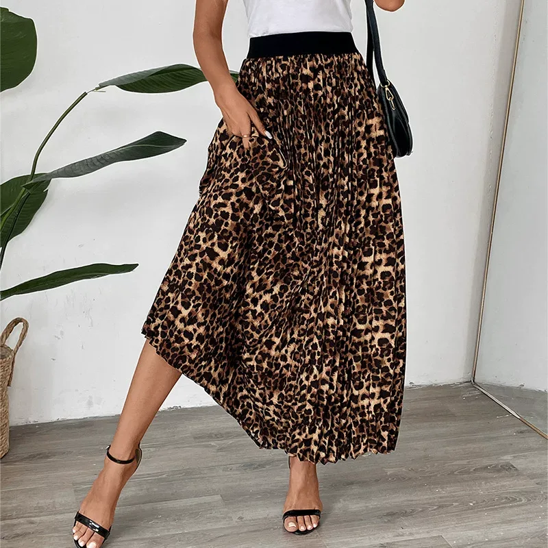 Pleated Midi Skirt Leopard Print Fashionable Spring Fall Style Wholesale Available OEM ODM servi