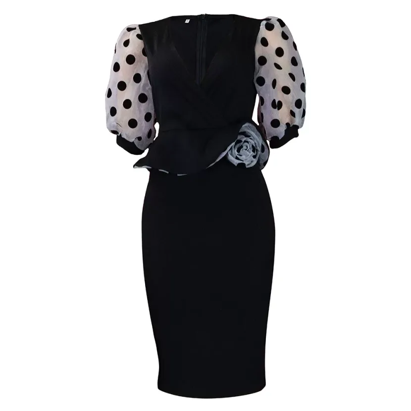 Womens Pencil Dress Spring Summer Collection Mesh Puff Sleeve Color Block Design Elegant Style W