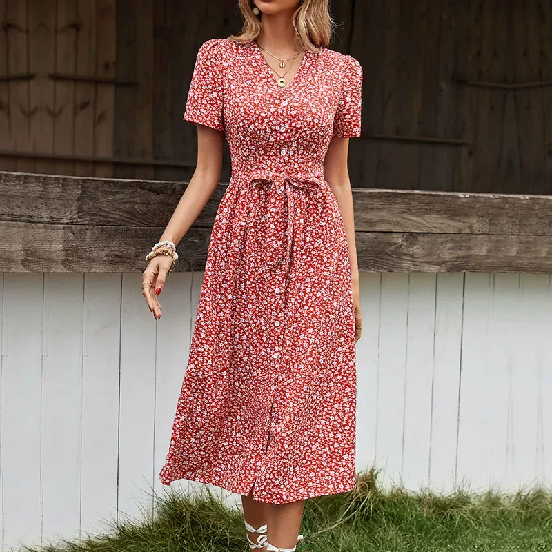 Vintage Floral Split Maxi Dress Sweet V Neck Summer Style Comfortable Fit Wholesale Available