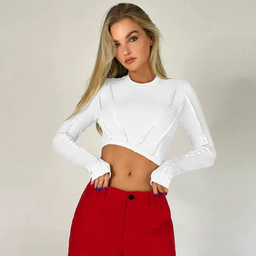 Irregular Hem Long Sleeve T Shirt Sexy Short Crop Top Womens Fashion for Autumn and Winter Whole