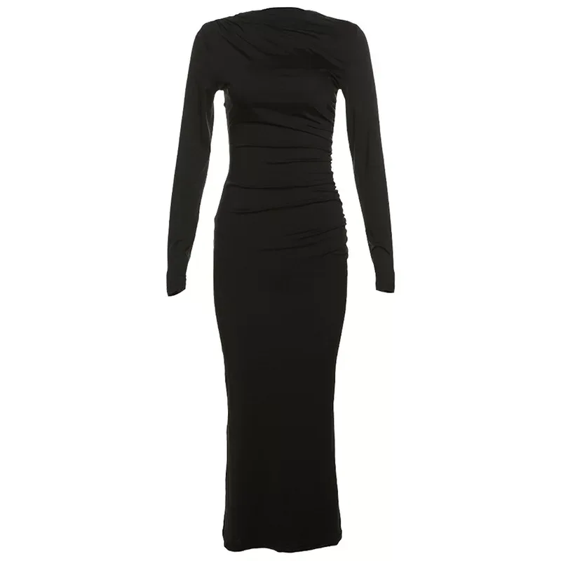 Womens Spring Dress Fashionable Solid Color Long Sleeve Slim Fit Round Neck Perfect for Casual o