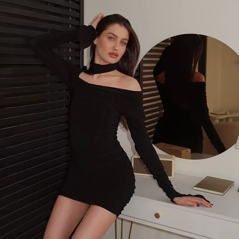 Off Shoulder Bodycon Dress Solid Color Long Sleeve Stylish Design Evening Wear or Party Dress Wh