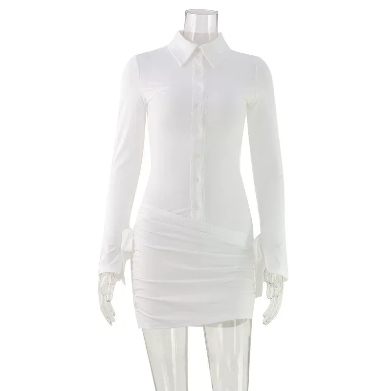 Womens Spring Shirt Dress Solid Color Slim Fit Stylish Lapel Design Versatile for Casual or Form