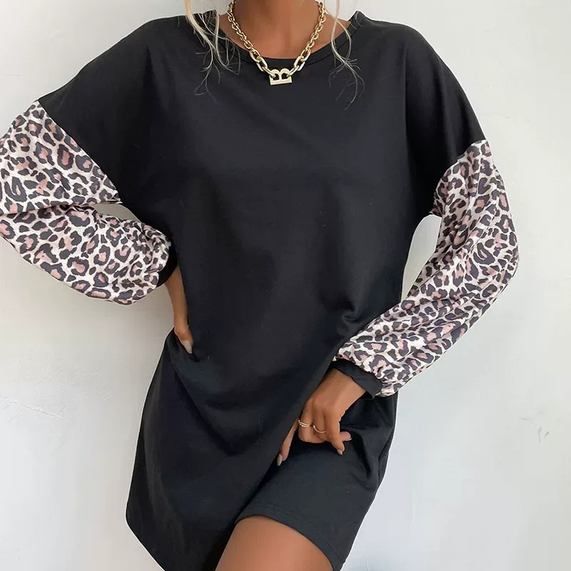 Color Block Leopard Print Hoodie Dress Flared Silhouette Long Sleeve Comfortable Fabric Casual A