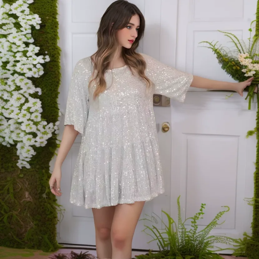 Fashionable Short Sleeve A Line Dress Round Neck Loose Fit Sequin Detail Evening Party Wear Whol