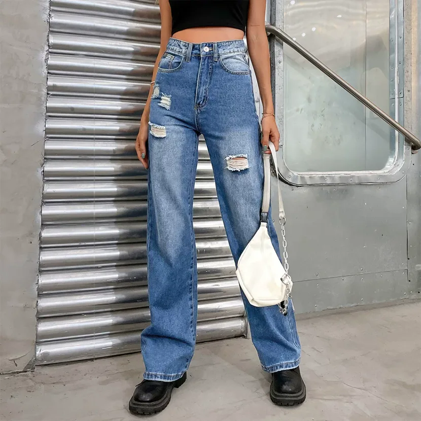 High Waisted Ripped Denim Trousers Loose Fit Floor Length Trendy Style Casual Wear for Women Who