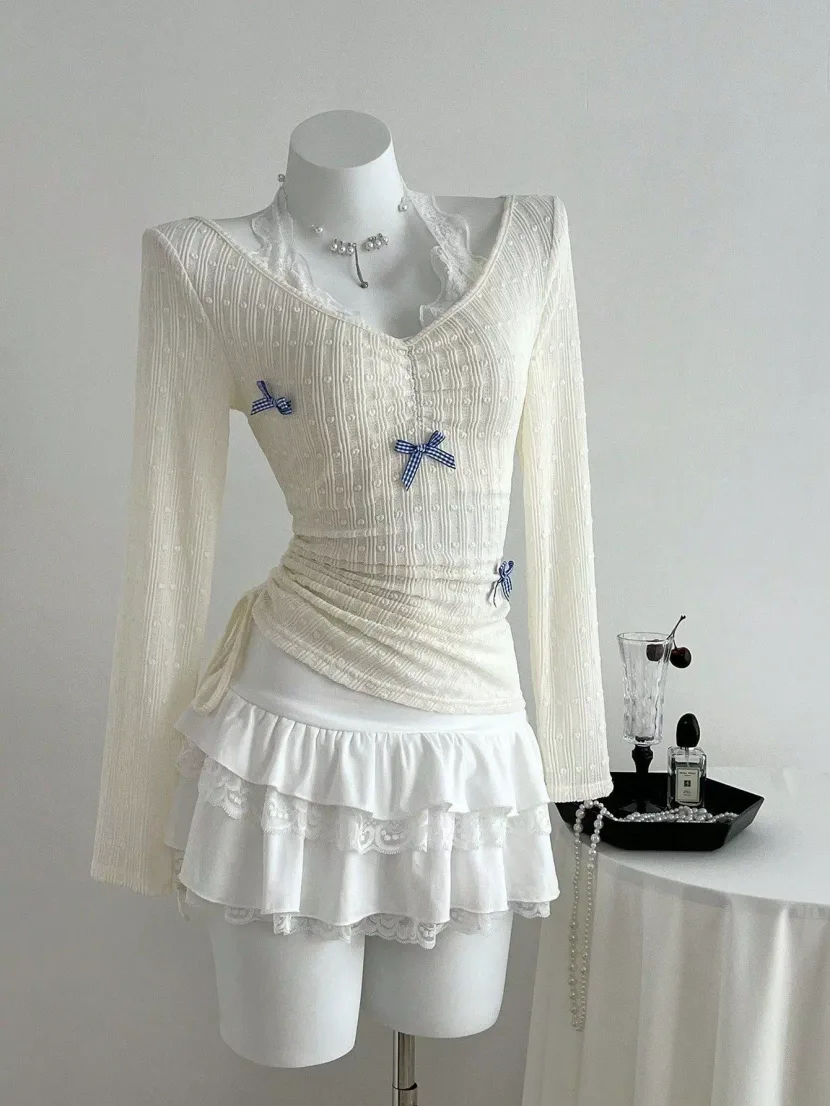 Lace Bow Tie Neck Long Sleeve T Shirt Slim Fit Elegant Design Comfortable Fabric Perfect for Cas