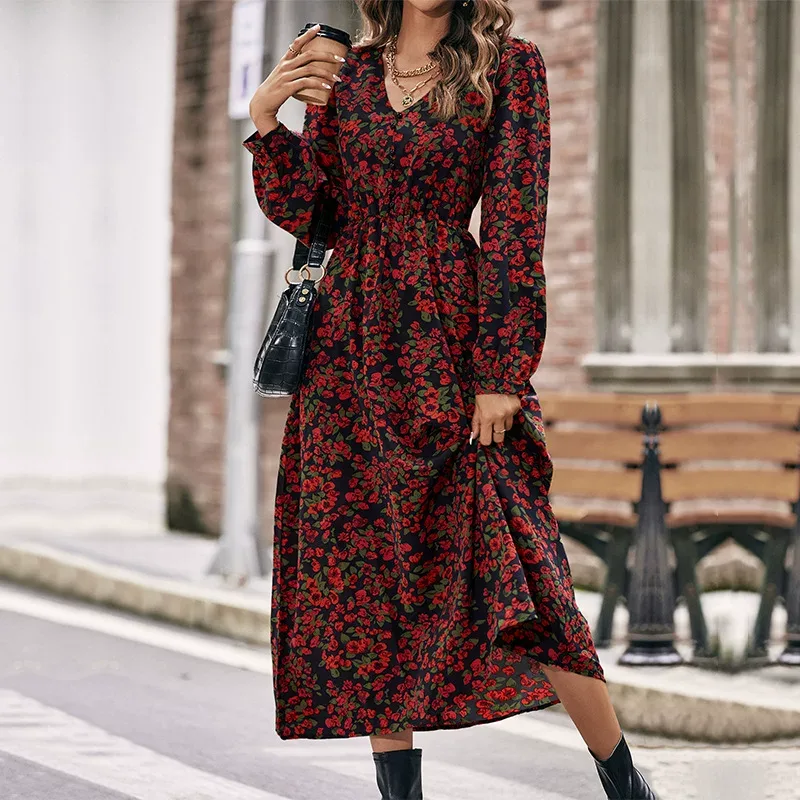 Red Floral Long Sleeve Maxi Dress Elegant Design Autumn Spring Fashion Perfect for Casual or For