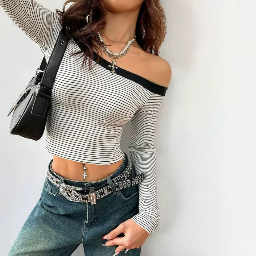Striped Off Shoulder Long Sleeve T Shirt for Women Slim Fit Sexy Short Length Fall Layering Top