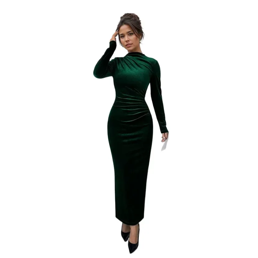 Velvet Bodycon Dress High Neck Long Sleeve Slim Fit Elegant Evening Wear for Spring Summer Whole