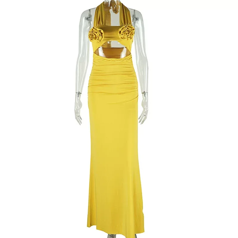 Sweet Fresh Floral Embellished High Waisted Midi Dress Halter Neck 3D Rose Decoration Elegant St