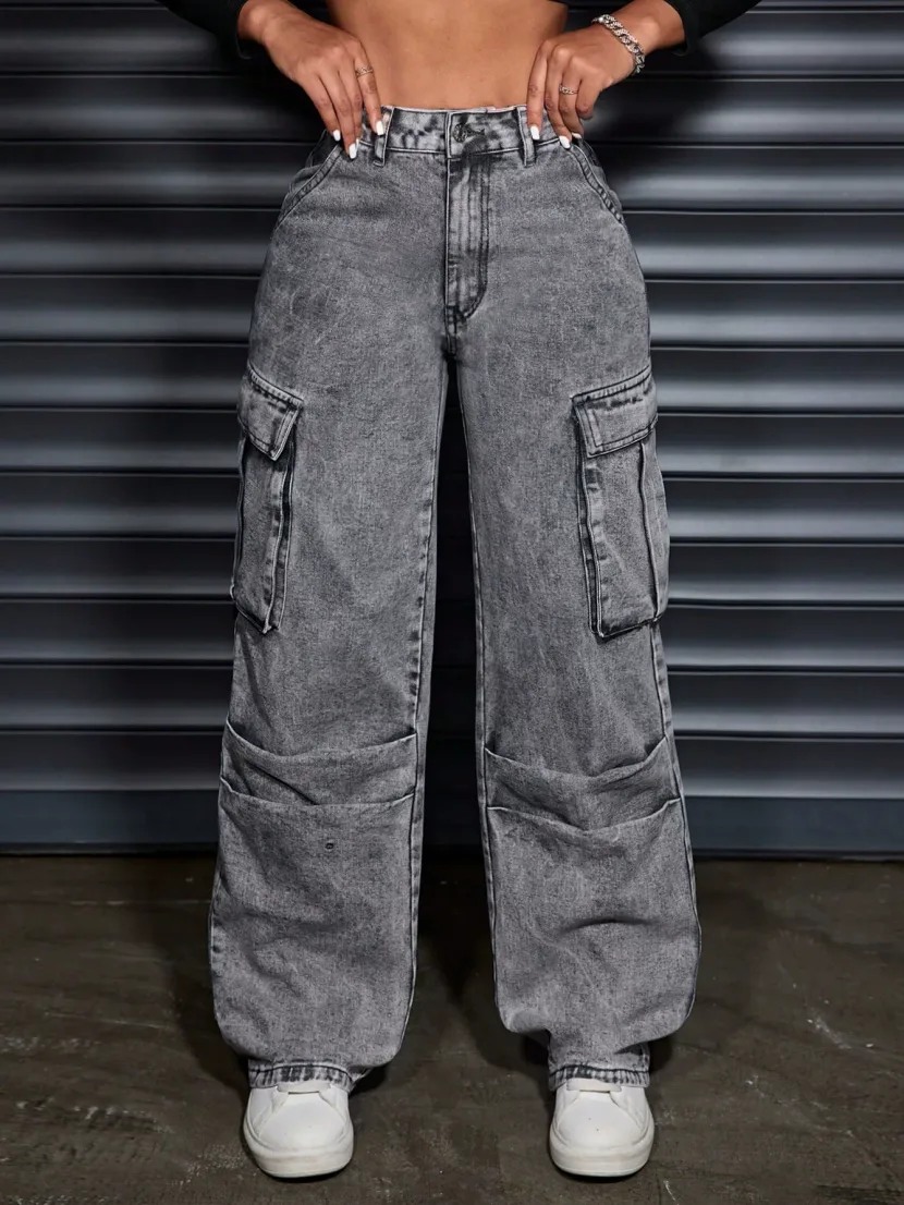 Womens High Waisted Denim Trousers Pocket Design Trendy Street Style Casual Wear Wholesale Avail
