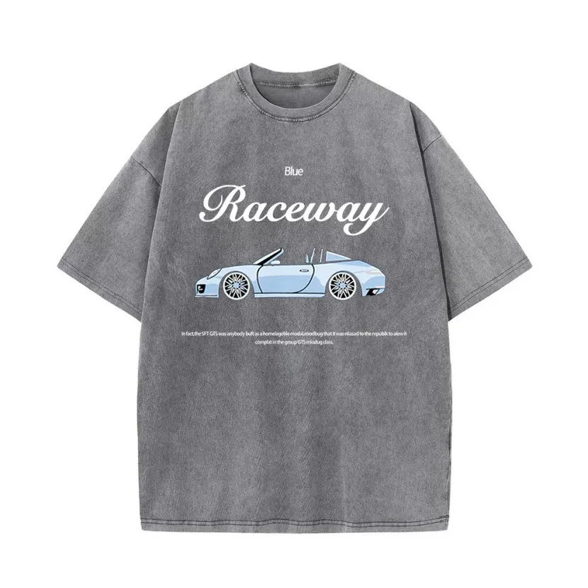 Loose Fit European Style Car Print Short Sleeve T Shirt for Women Summer Wash Effect Vintage Des