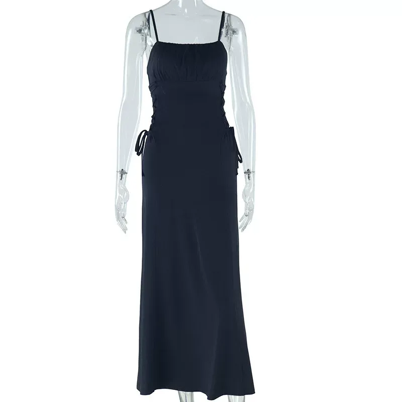Womens Sexy Solid Color Midi Dress Backless Spaghetti Straps Casual Style Perfect for Summer Eve