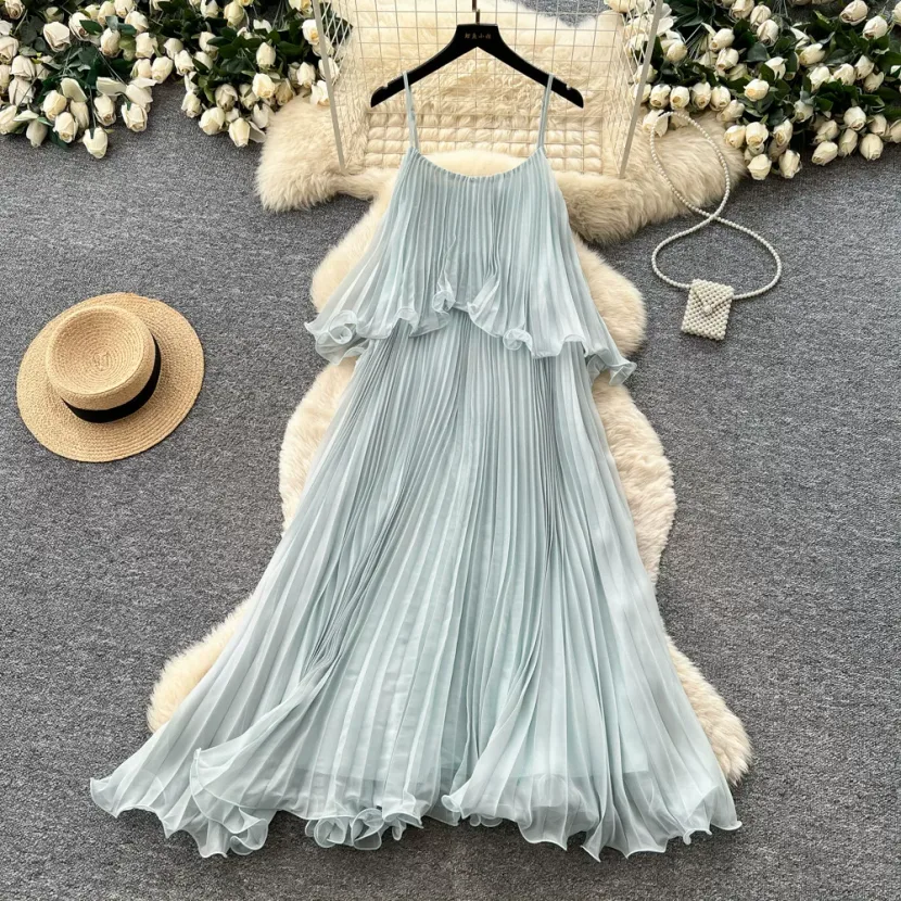 Light Blue Ruffled Hem Sleeveless Maxi Dress for Women Summer Casual Wear Available in S M L Wholesale