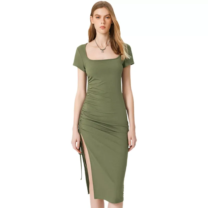 Knit Bodycon Dress Elegant V Neck Side Slit Slim Fit Ribbed Fabric Perfect for Parties and Event