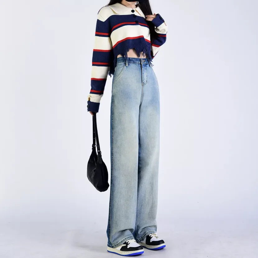 渐变撞色牛仔裤女2022秋冬新款韩版高腰显瘦设计感垂感阔腿拖地裤