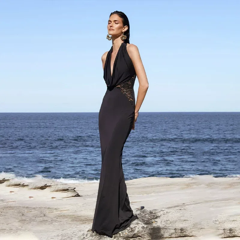 Elegant Lace Trimmed Mermaid Dress Halter Neck V Neck Backless Slim Fit Evening Gown for Formal