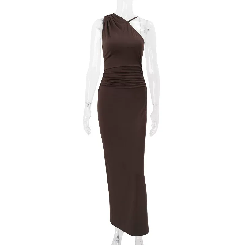 Elegant Womens Bodycon Dress Solid Color Asymmetrical Shoulder Sleeveless Ruched Design Spring S