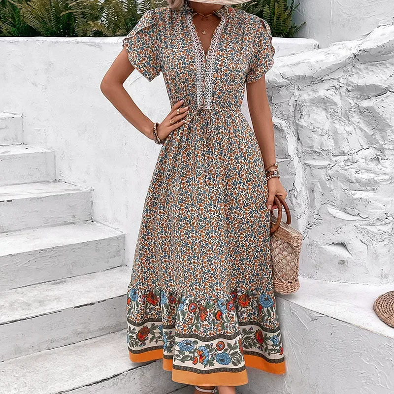 Floral A Line Dress for Women Short Sleeve Khaki Summer Casual Wear OEM ODM service