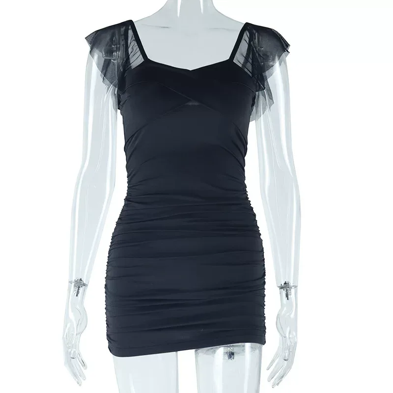 Short Sleeve Square Neck Bodycon Dress Solid Color Ruched Sexy Fit Spring Fashion for Women OEM