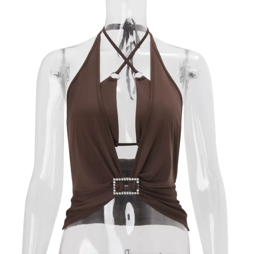 Womens Spring Sexy Hollow Out Deep V Neck Solid Color Halter Top and Bottom Set Trendy Chic Vers