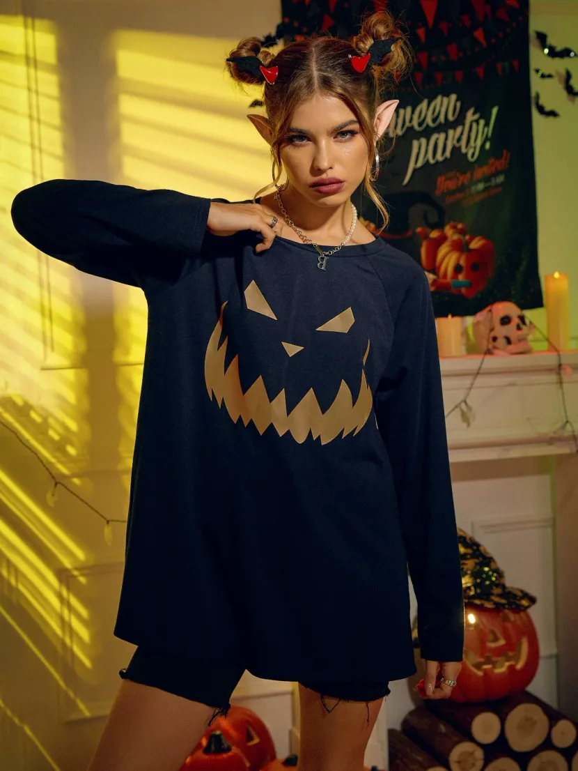 Halloween Printed Long Sleeve Sweatshirt Loose Fit Trendy Design Comfortable Fabric Womens Fashi