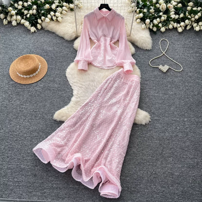 French Style Sequined Mesh Pleated Two Piece Set Waist Cinching Elegant Design Ideal for Spring and Autumn Wholesale French Style Sequined Mesh Pleated Two Piece Set Waist Cinching Elegant Design Ideal for Spring and Autumn Wholesale
