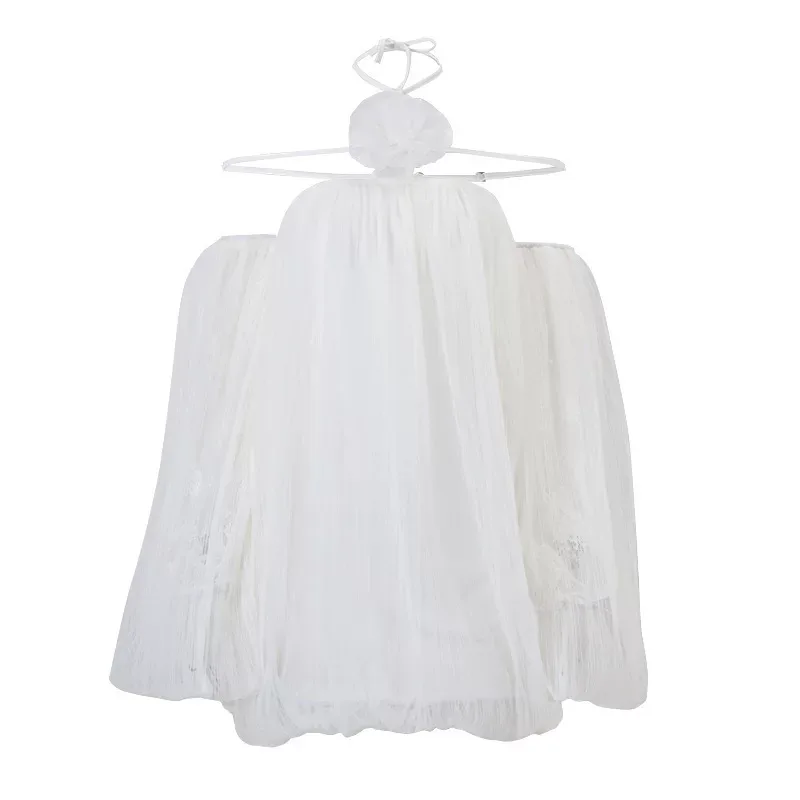 Elegant Floral Tassel Mesh Halter Neck Off Shoulder Lantern Sleeve Dress Sexy Chic Winter Collec