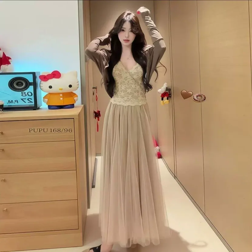 Layered Mesh Maxi Skirt for Women Elastic Waist Casual Spring Summer Wear in Apricot