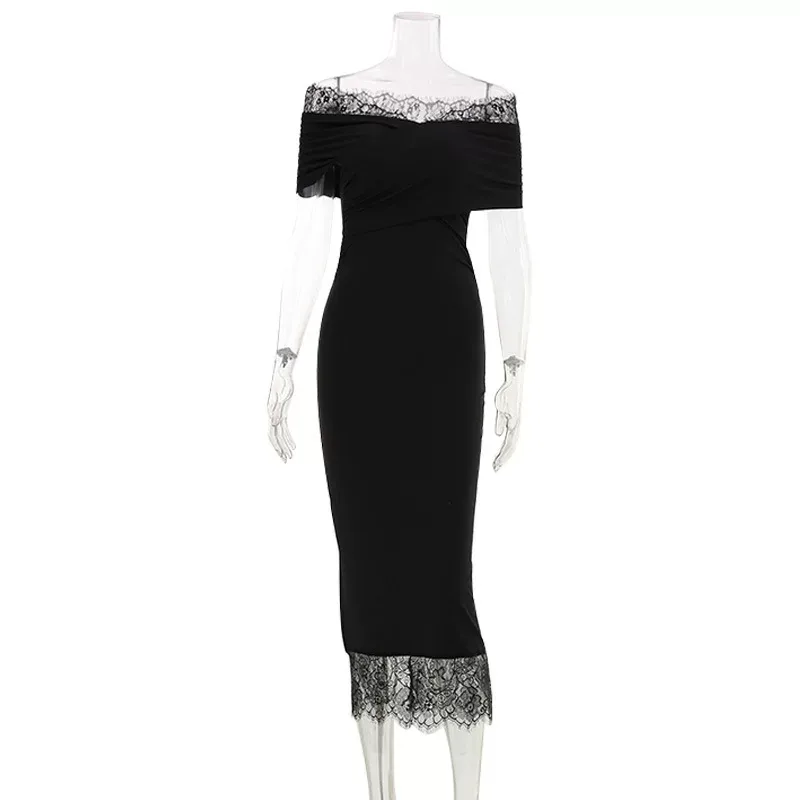 French Style Elegant Long Dress Lace Panel Solid Color Puff Sleeve Perfect for Formal Events Who